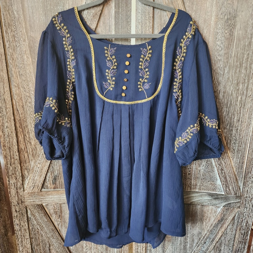 Denim 24/7 Shirt Womens Size 28W Blouse Navy Blue Sheer Gold Sequin Embellished